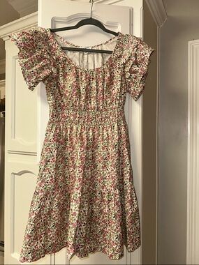 Merci Women's Floral Smocked Mini Dress in Cream and hot pink